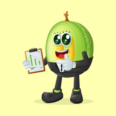 Elinde bir pano tutan ballı kavun karakteri. Çocuklar, ürünler ve çıkartmalar için mükemmel, reklam oranları