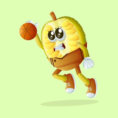 Jackfruit karakteri basketbol topunu batırıyor. Çocuklar, ürünler ve çıkartmalar için mükemmel, reklam oranları