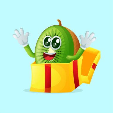 Kivi karakteri hediye kutusunda beliriyor. Çocuklar, ürünler ve çıkartmalar için mükemmel, reklam oranları