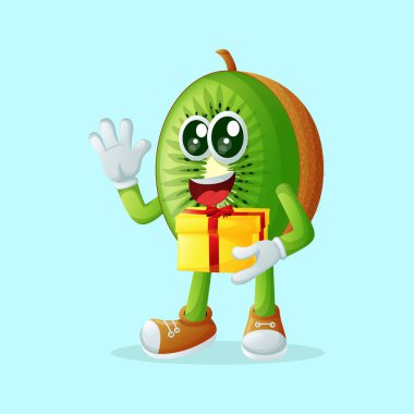 Kivi karakteri hediye kutusu tutuyor. Çocuklar, ürünler ve çıkartmalar için mükemmel, reklam oranları