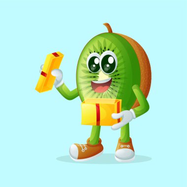 Kivi karakteri hediyesini açıyor. Çocuklar, ürünler ve çıkartmalar için mükemmel, reklam oranları