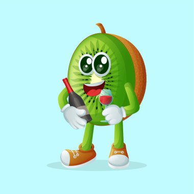 Kivi karakteri elinde bir bardak şarap tutuyor. Çocuklar, ürünler ve çıkartmalar için mükemmel, reklam oranları