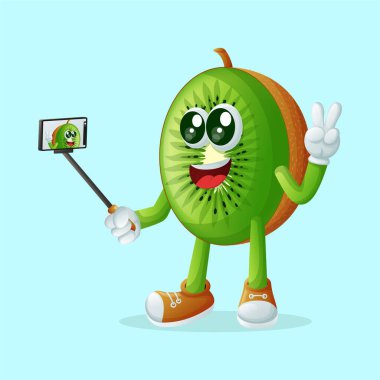 Kivi karakteri akıllı telefonuyla selfie çekiyor. Çocuklar, ürünler ve çıkartmalar için mükemmel, reklam oranları