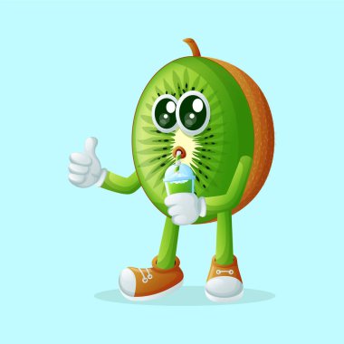 Kivi karakteri yeşil smoothie içiyor. Çocuklar, ürünler ve çıkartmalar için mükemmel, reklam oranları