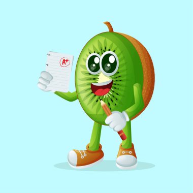 Kivi karakteri sınavın sonuçlarını gösterir. Çocuklar, ürünler ve çıkartmalar için mükemmel, reklam oranları