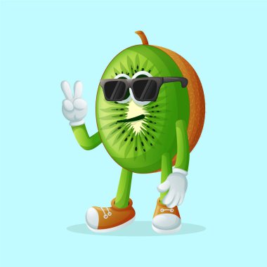 Havalı yüzlü ve güneş gözlüklü kivi karakteri. Çocuklar, ürünler ve çıkartmalar için mükemmel, reklam oranları