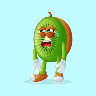 Ağlayan suratlı kivi karakteri. Çocuklar, ürünler ve çıkartmalar için mükemmel, reklam oranları