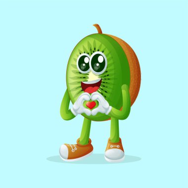 Kivi karakteri elleriyle kalp şekli yaratıyor. Çocuklar, ürünler ve çıkartmalar için mükemmel, reklam oranları