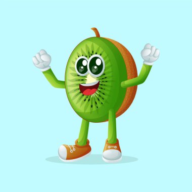 Kivi karakteri zafer işareti yapıyor. Çocuklar, ürünler ve çıkartmalar için mükemmel, reklam oranları