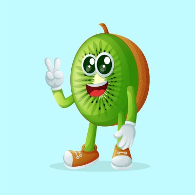 Kivi karakteri barış işareti yapıyor. Çocuklar, ürünler ve çıkartmalar için mükemmel, reklam oranları