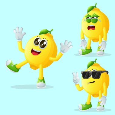 Yüz ifadeleri olan şirin limon karakterler. Çocuklar, ürünler ve çıkartmalar için mükemmel, afiş promosyonu veya blo