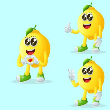 Sevimli limon karakterleri el işaretleri yapıyor. Çocuklar, ürünler ve çıkartmalar için mükemmel, afiş promosyonu veya blo