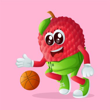 Basketbol topu süren bir liçi karakteri. Çocuklar, ürünler ve çıkartmalar için mükemmel, reklam oranları