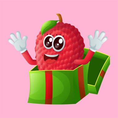 Hediye kutusunda liçi karakteri var. Çocuklar, ürünler ve çıkartmalar için mükemmel, reklam oranları