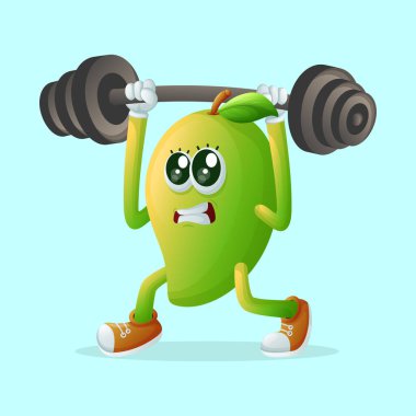Ağırlık kaldıran sevimli mango karakteri. Çocuklar, ürünler ve çıkartmalar için mükemmel, afiş promosyonu veya blo