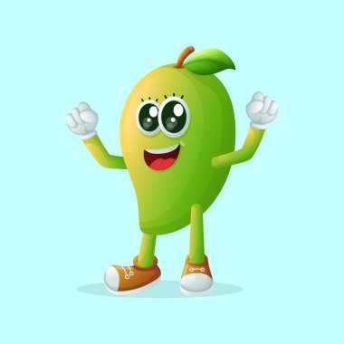 Sevimli mango karakteri eliyle zafer işareti yapıyor. Çocuklar, ürünler ve çıkartmalar için mükemmel, afiş promosyonu veya blo