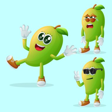 Yüz ifadeleri olan sevimli manggo karakterler. Çocuklar, ürünler ve çıkartmalar için mükemmel, afiş promosyonu veya blo