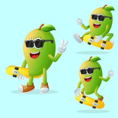 Bir grup şirin manggo karakter kaykay yapıyor. Çocuklar, ürünler ve çıkartmalar için mükemmel, afiş promosyonu veya blo