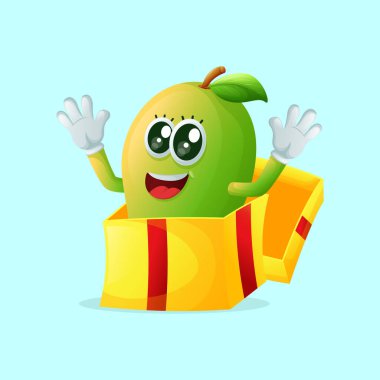 Hediye kutusunda sevimli manggo karakteri beliriyor. Çocuklar, eşyalar ve yapışkanlar için mükemmel.