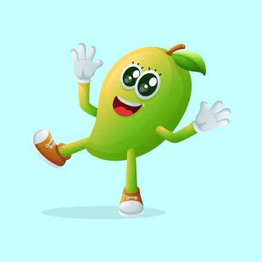Mutlu bir ifadeyle gülümseyen sevimli manggo karakteri. Çocuklar, eşyalar ve yapışkanlar için mükemmel.