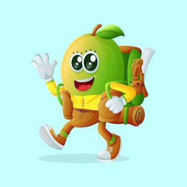 Tatlı manggo karakteri yürüyüşü. Çocuklar, ürünler ve çıkartmalar için mükemmel, afiş promosyonu veya blo