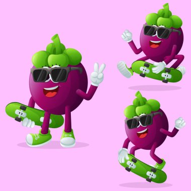 Bir grup sevimli mangosteen karakter kaykay yapıyor. Çocuklar, ürünler ve çıkartmalar için mükemmel, afiş promosyonu veya blo