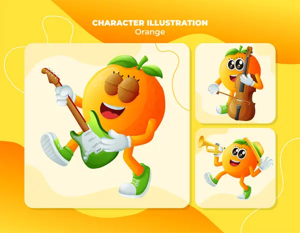 一组可爱的橙色角色在演奏乐器 完美的儿童 商品和贴纸 图库矢量图片
