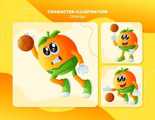 一组可爱的橙色人物打篮球 完美的儿童 商品和贴纸 横幅促销或Blo 图库插图