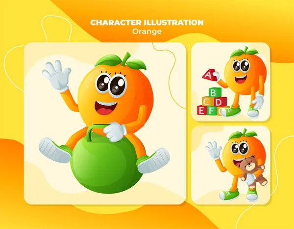 一组可爱的橙色角色在玩儿童玩具 完美的儿童 商品和贴纸 横幅促销或Blo 免版税图库矢量图片