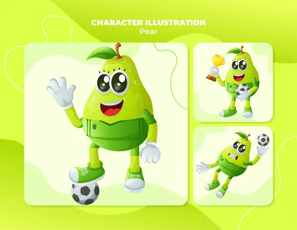 stock vector Set of cute pear characters playing soccer. Perfect for kids, merchandise and sticker, banner promotio