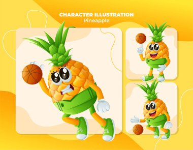 Basketbol oynayan sevimli ananas karakterleri. Çocuklar, ürünler ve çıkartmalar için mükemmel, reklam oranları