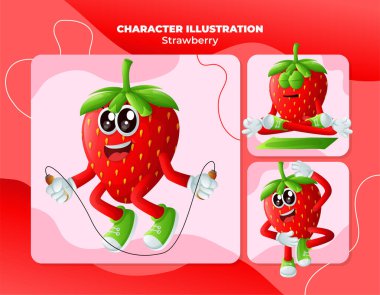 Egzersiz yapan bir grup şirin çilek. Çocuklar, ürünler ve çıkartmalar için mükemmel, reklam oranları