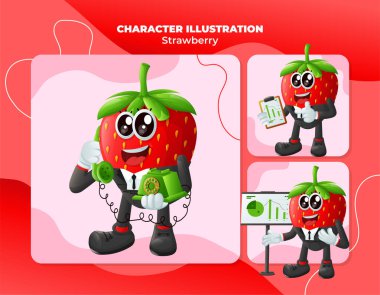 İşteki bir grup şirin çilek karakterler. Çocuklar, ürünler ve çıkartmalar için mükemmel, reklam oranları