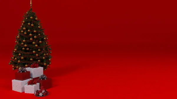 Vánoční Stromek Červenými Dárkovými Krabicemi Dárky Bílém Pozadí — Stock fotografie
