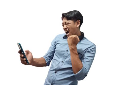 Business asian man, phone and smile with mockup for social media, advertising or marketing app clipart