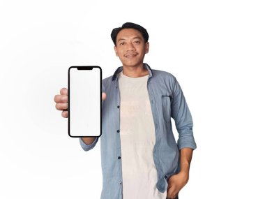 Business asian man, phone and smile with mockup for social media, advertising or marketing app clipart