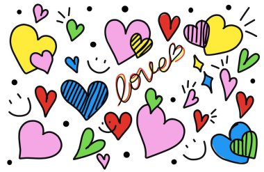 Kalp şeklindeki karalama seti beyazda izole edildi. El çizimi, şekillendirilmiş kalplerin kusursuz arka planı, Sevgililer Günü tebrik kartı..