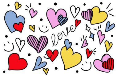 Kalp şeklindeki karalama seti beyazda izole edildi. El çizimi, şekillendirilmiş kalplerin kusursuz arka planı, Sevgililer Günü tebrik kartı..