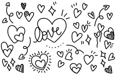 Kalp şeklindeki karalama seti beyazda izole edildi. El çizimi, şekillendirilmiş kalplerin kusursuz arka planı, Sevgililer Günü tebrik kartı..