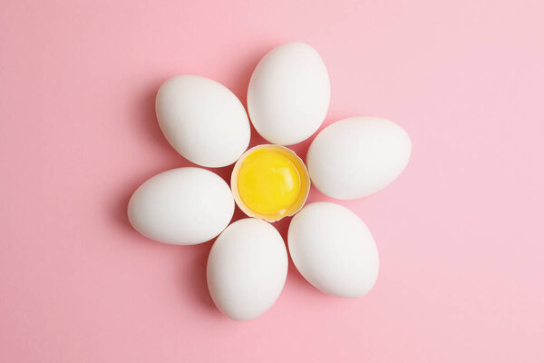 fresh farm eggs on a colored background. High quality photo