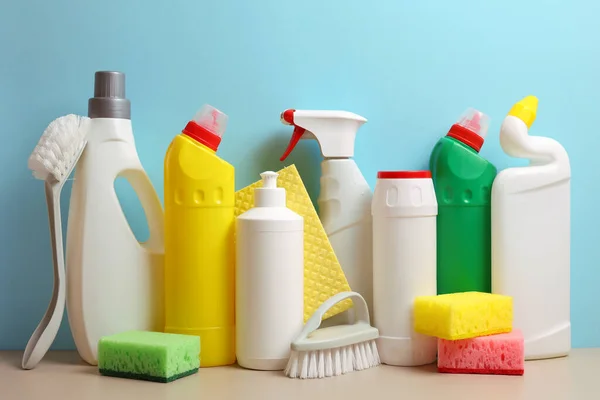 Set Different Cleaning Disinfectant Products Coloured Background High Quality Photo — Stock Photo, Image