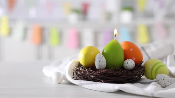 Easter Decoration Candles Colorful Eggs Kitchen Interior Easter Background High — Stock Video