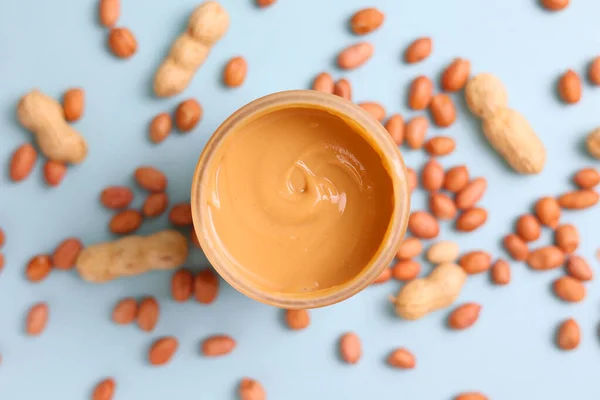 Peanut Butter Raw Peanuts Colored Background High Quality Photo — Stock Photo, Image