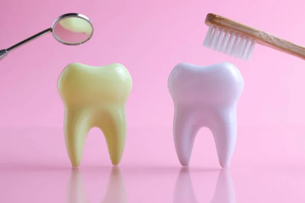 Dişçi konsepti. Renkli bir arkaplanda, yazı için yeri olan diş ve diş aletlerinin modeli. - Evet. Yüksek kalite fotoğraf