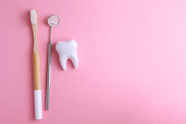 Concetto Odontoiatria Modello Strumenti Dentali Dentali Sfondo Colorato Con Spazio — Foto Stock