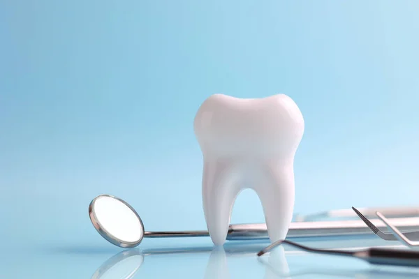 Dişçi konsepti. Renkli bir arkaplanda, yazı için yeri olan diş ve diş aletlerinin modeli. - Evet. Yüksek kalite fotoğraf