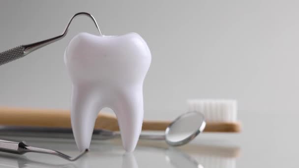 Concepto Odontológico Modelo Diente Instrumentos Dentales Sobre Fondo Color Con — Vídeos de Stock