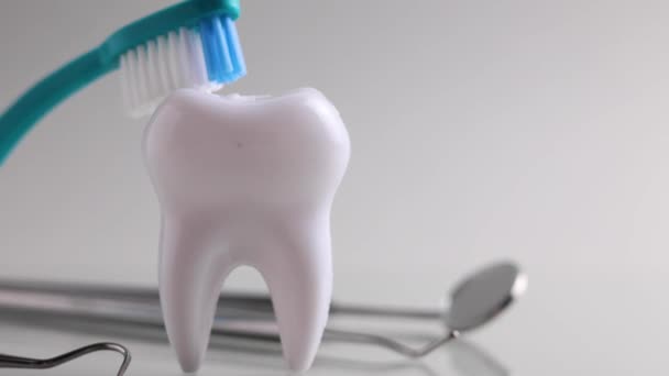 Conceito Odontologia Modelo Dente Instrumentos Dentários Fundo Colorido Com Espaço — Vídeo de Stock