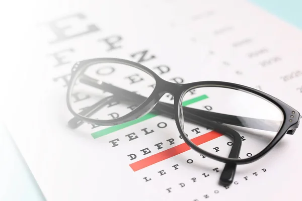 Okulary Korekcyjne Wzroku Tle Stołu Badań Wzroku Miejscem Tekst Wysokiej — Zdjęcie stockowe