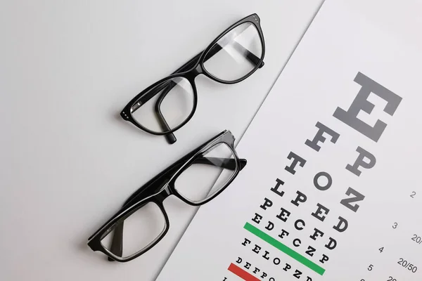 Sehkorrekturbrille Auf Dem Hintergrund Eines Sehtesttisches Mit Platz Für Text — Stockfoto